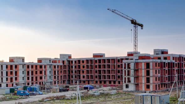 Construction Site with Buildings Under Construction and Multistorey Residential Homes Timelapse