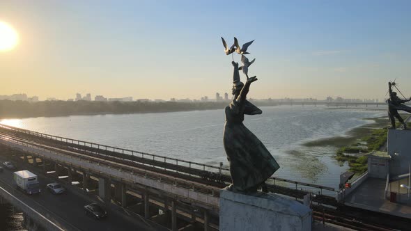 Kyiv, Ukraine : Metro Bridge in the Morning at Sunrise. Dnipro Station