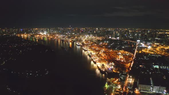 Aerial view of container cargo ship in the export, import business, logistics and transportation.