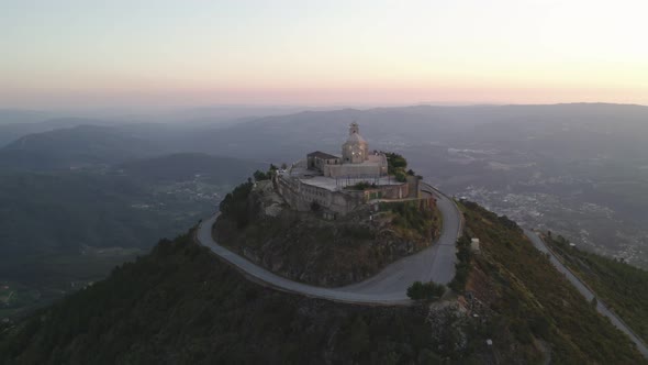 Senhora da Graca church drone aerial view in Mondim de Basto landscape at sunset volta a portugal, i