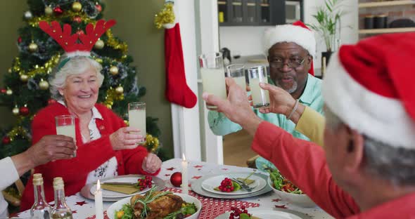 Happy group of diverse senior friends celebrating meal and drinking juice at christmas time