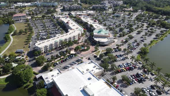 slow aerial of Lakewood Ranch Mainstreet shopping and restaurant area, Bradenton, Florida