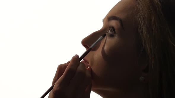 Eye Makeup Woman Applying Eyeshadow Powder, Close Up, Silhouette. Slow Motion