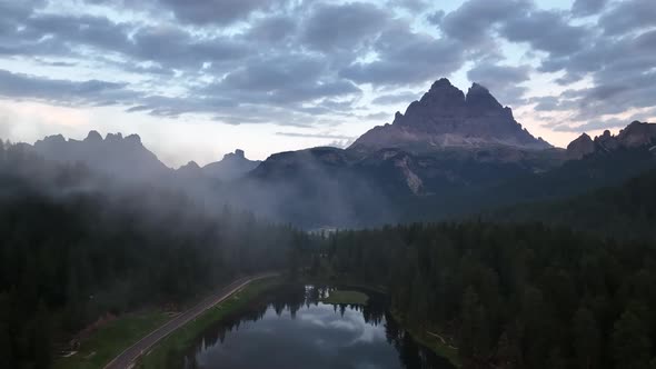 Mountain lake in the Dolomites with Tre Cime di Lavaredo reflection