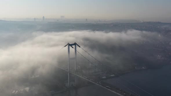 aerial video of bosphorus Bridge on a foggy day in Istanbul, Turkey, Martyrs Bridge 