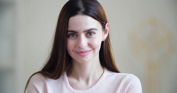 Portrait of Attractive Young Caucasian Millennial Woman with Long Hair. Close Up European Face of