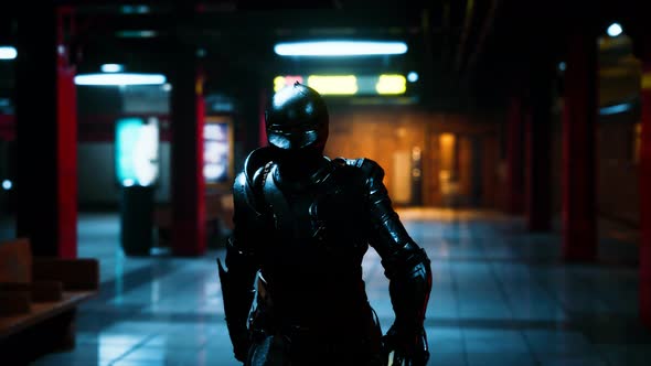 Ancient Metal Armored Knight in Metro Subway alt