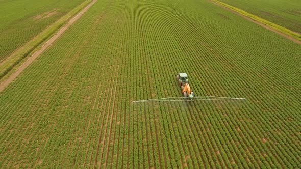 Tractor is Spraying Fertilizers Field