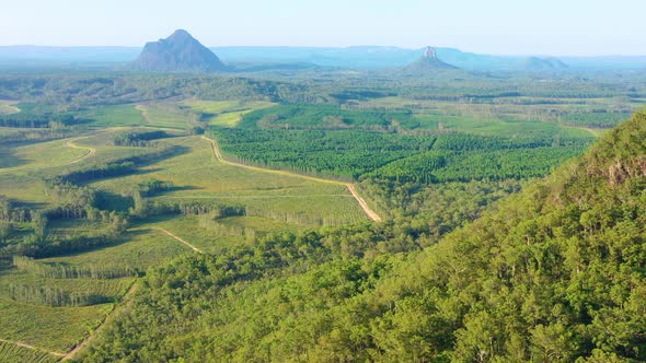 Aerial view of the Glass House Mountains, Queensland, Australia.