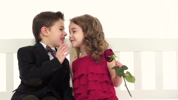 Children Sit on a Swing and Talk, in the Girl's Hand a Rose. White Background. Slow Motion. Close Up