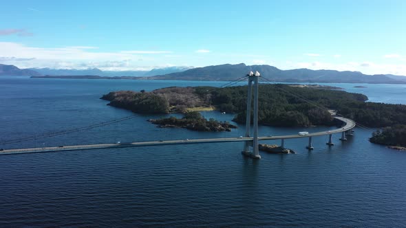 Bomlo suspension bridge connecting together Bomlo and Stord across Spissoysundet along Norway coasta