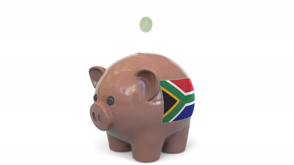 Putting Money Into Piggy Bank with Flag of South Africa