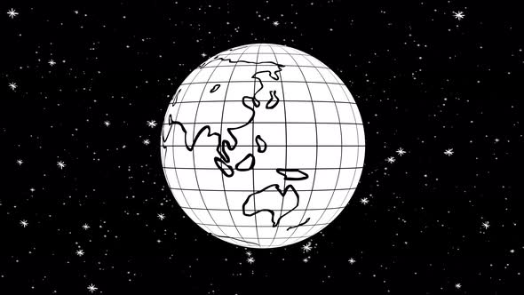 Cartoon with rotating earth and starry sky