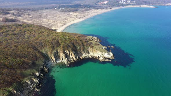 Aerial drone view to beautiful rocky beach