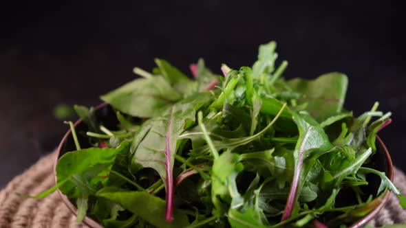 Mix salad greens. Arugula, lettuce, spinach in black bowl Video 4k