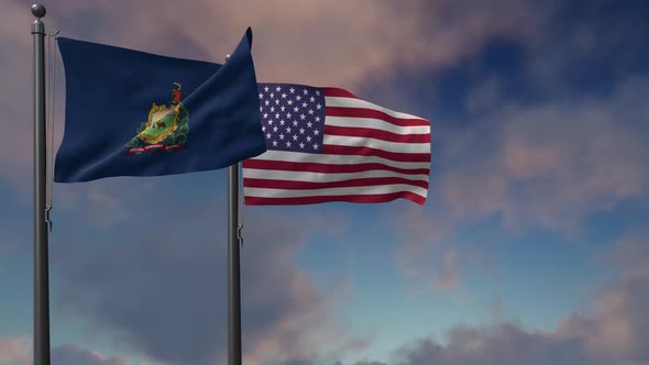 Vermont State Flag Waving Along With The National Flag Of The USA - 4K