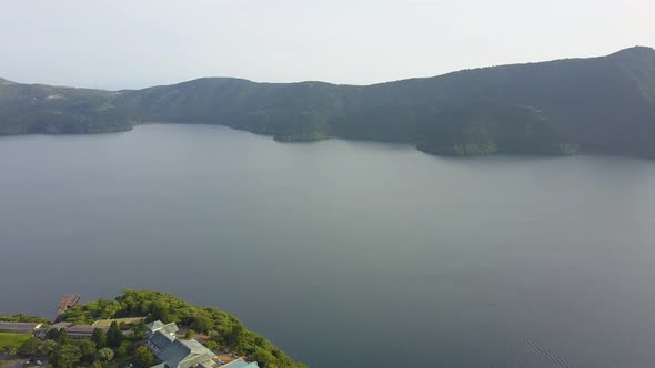 Aerial view of over lake ashi with ship panoroma