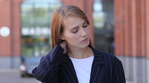 Tired Woman Relaxing Neck Pain, Outside Office