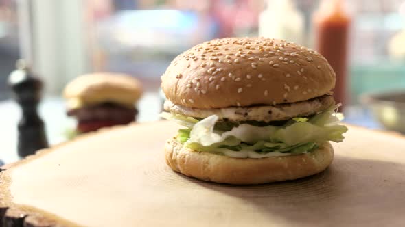 Burger on a Wooden Board.