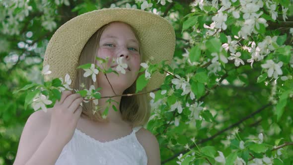 Happy Girl Near Blossoming Trees in Garden at Springtime