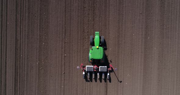 4k aerial view of tractor sowing wheat or sunflower in agriculture area