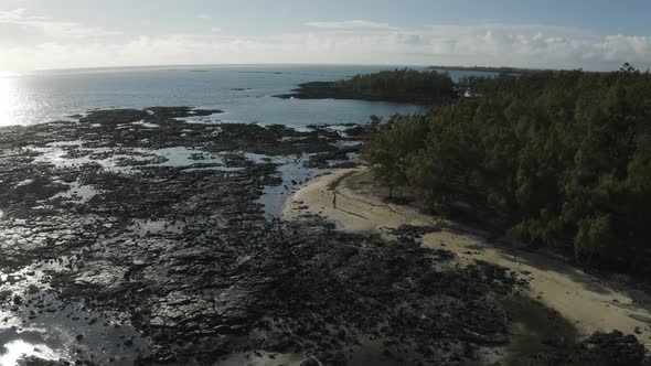 Aerial view of a person walking on the shoreline, Mauritius.