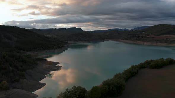 Aerial View of the Embalse De Mediano Reservoir During Sunset. Spain in the Fall