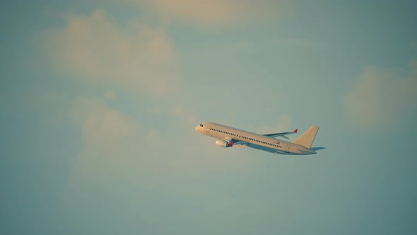 The Plane Flies in the Clouds in the Setting Sun