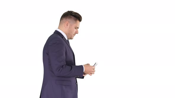 Business man walking counting euro bills on white background.