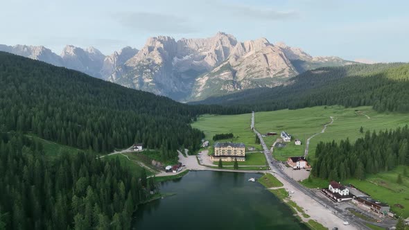 Lake of Misurina, aerial view of Dolomites