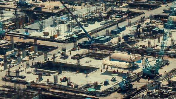 Time Lapse of Construction Site with Heavy Construction Machinery in Metropolis