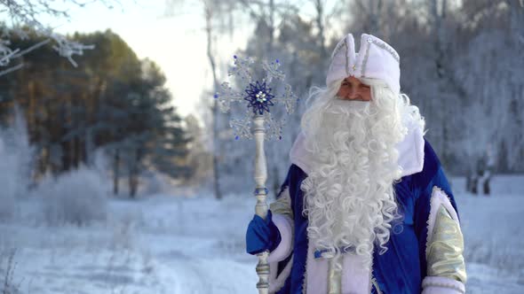 Santa Claus looks around the winter forest