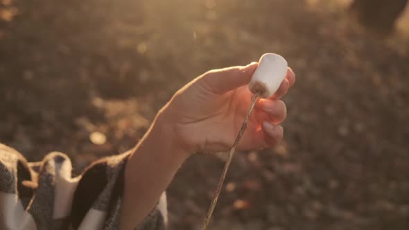 A young girl on a picnic with a tent fries marshmallows