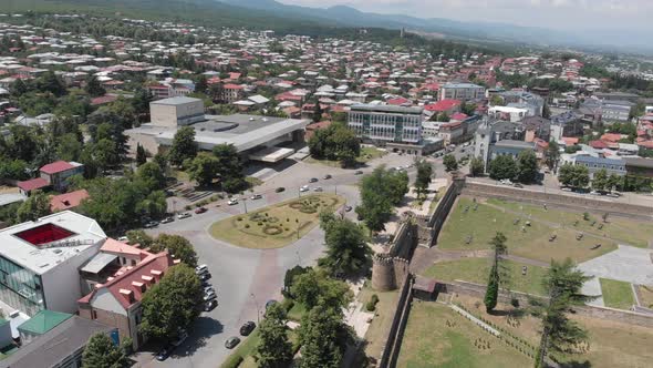 Aerial view of Telavi city center. flying over Batonis Tsikhe