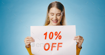 Poster, sale and woman on blue background with banner for news, announcement and information. Shopp