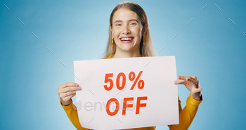 Poster, sale and portrait of woman on blue background for news, announcement and information. Shopp