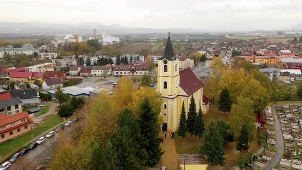 Aerial view of church in Trencianske Teplice city in Slovakia