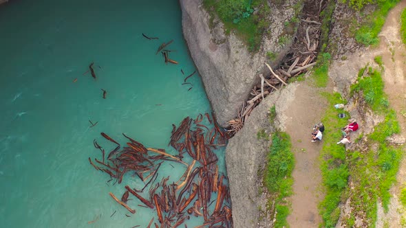 Aerial Top View on Lot of Driftwood in Bluer River on Aksu Canyon in AksuZhabagly Nature Reserve