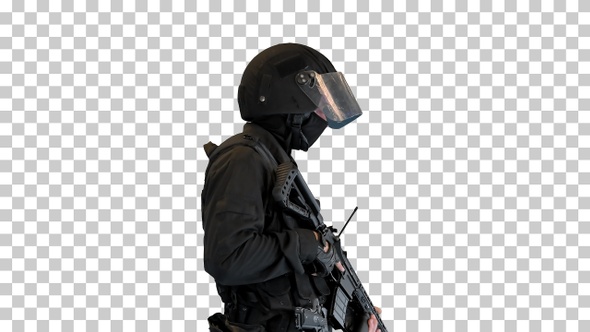 Swat operator with assault rifle walking, Alpha Channel