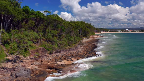 Fly By Rocky Shoreline Of Noosa National Park Near Noosa Heads In Queensland, Australia. Aerial Dron