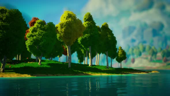 Cartoon Green Forest Landscape with Trees and Lake