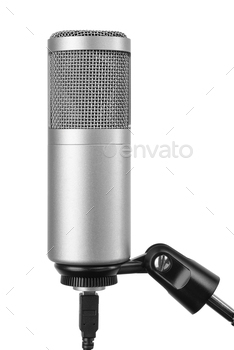 Silver condenser microphone with black stand and USB cable isolated on a...
