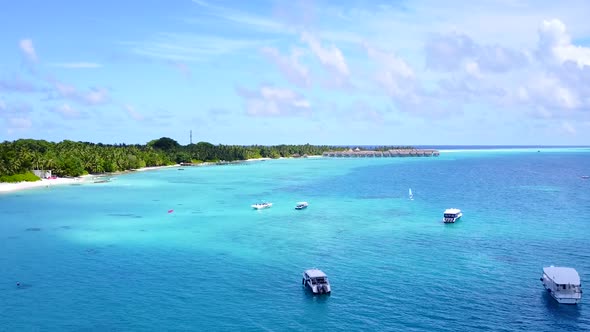 Drone panorama of resort beach journey by ocean with sand background