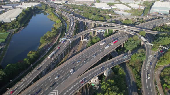 Vehicles Driving Navigating a Spaghetti Interchange Road System