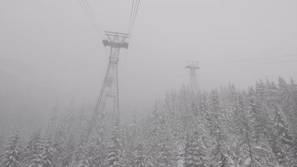 Gondola Tower Over Evergreen Trees Covered in White Snow During a Snowy Winter Season Day