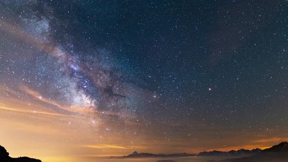 Time Lapse: the Milky way galaxy and stars rotation over the majestic Italian Alps. Night sky