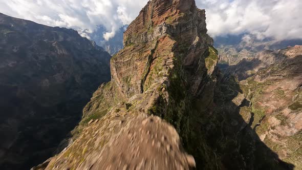 Beautifull Mountain Surfing FPV Drone Aerial View Close Flying Along the Cliffs in Madeira