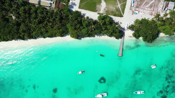 Aerial drone texture of exotic seashore beach holiday by blue water and bright sandy background of a