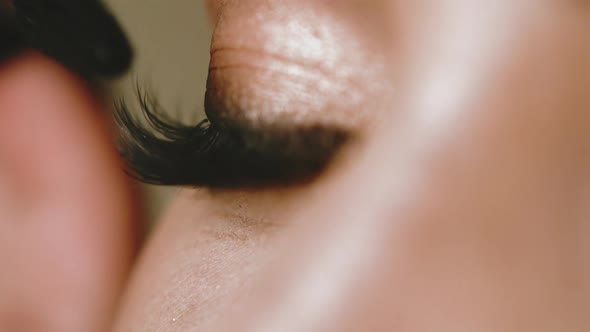 Woman Applies Mascara on Artificial Lashes with Brush Macro