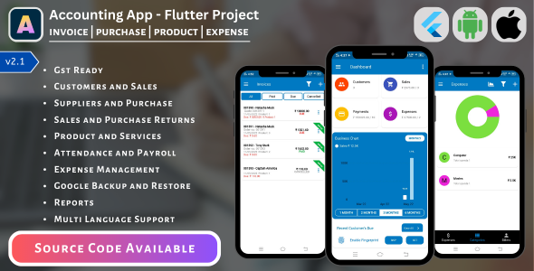Accounting App - Business, Customers, Sales, Purchase, Payroll, GST, Flutter, Android, iOS